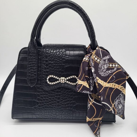 Betsey Johnson Handbags - Betsey Johnson Black Satchel Crocodile Print Handbag Purse w/ Scarf Two Handle